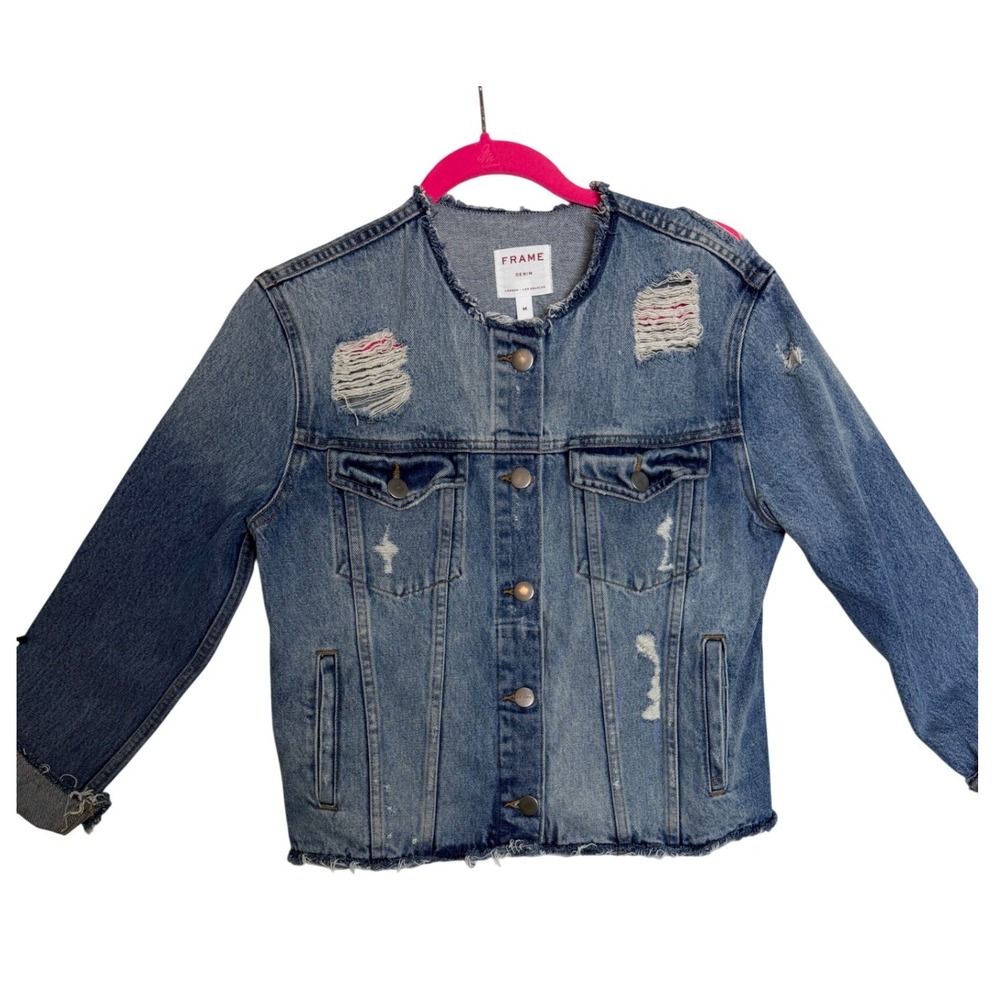 Frame Denim Jacket Womens Medium Blue Distressed‎ Collarless Raw Hem Frayed Edge